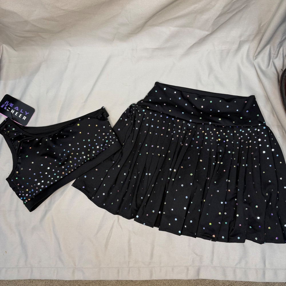 Healy Cheer Girls Black Rhinestone One Shoulder Top and Skort Set YS New